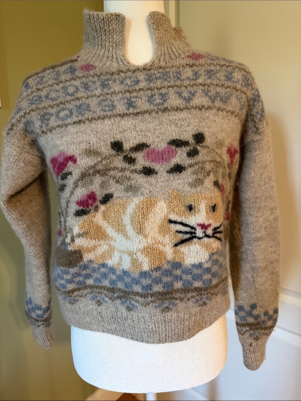 Vintage 80s/90s Cat Motif 100% Wool Sweater - Cottagecore